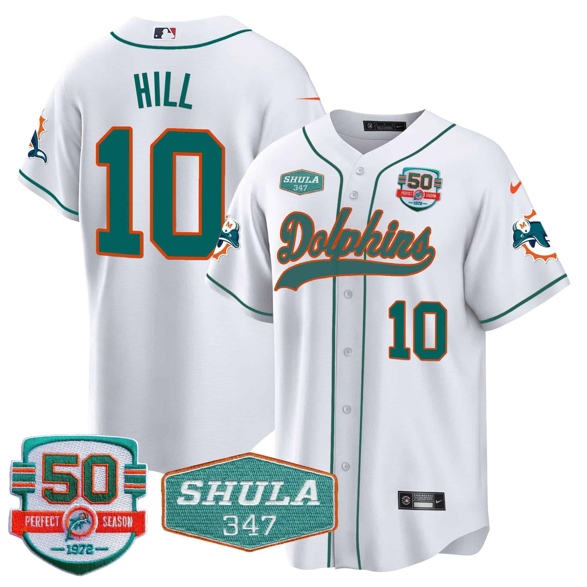 Men Miami Dolphins 10 Hill White 2024 Nike 50th Don Shula Memorial Patch Baseball NFL Jersey